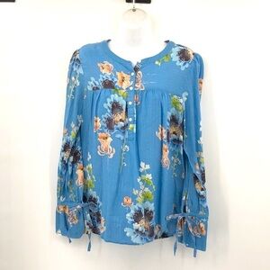 Loft Size M Top Asian Inspired Metallic Tread Stripes Throughout Vibrant Blue